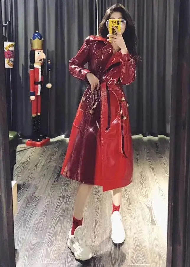 Ashore Shop Autumn Long Shiny Reflective Patent Faux Leather Trench Coat for Women