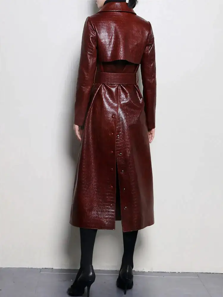 Autumn Long Shiny Reflective PU Leather Trench Coat for Women