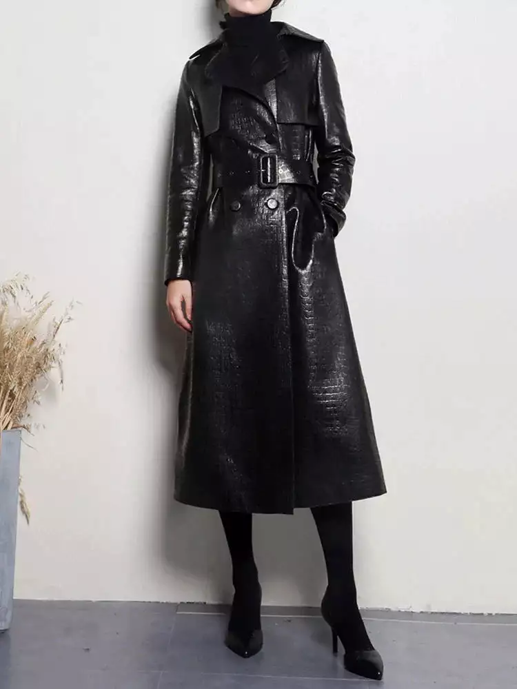 Autumn Long Shiny Reflective PU Leather Trench Coat for Women