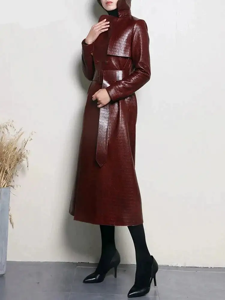 Autumn Long Shiny Reflective PU Leather Trench Coat for Women