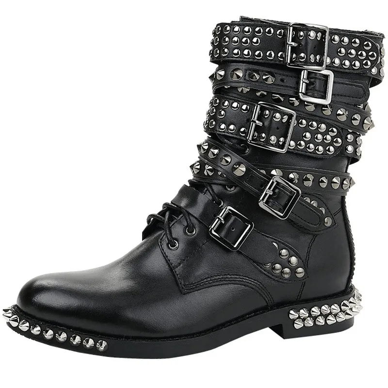 Biker Genuine Leather Womens Boots / Round Toe Autumn/Winter Motorcycle Rivet Ankle Boots in Black