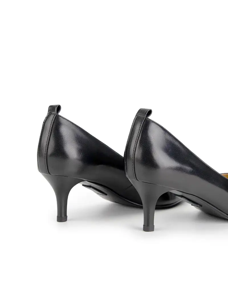 Black Classic Leather Mid Heel Pumps