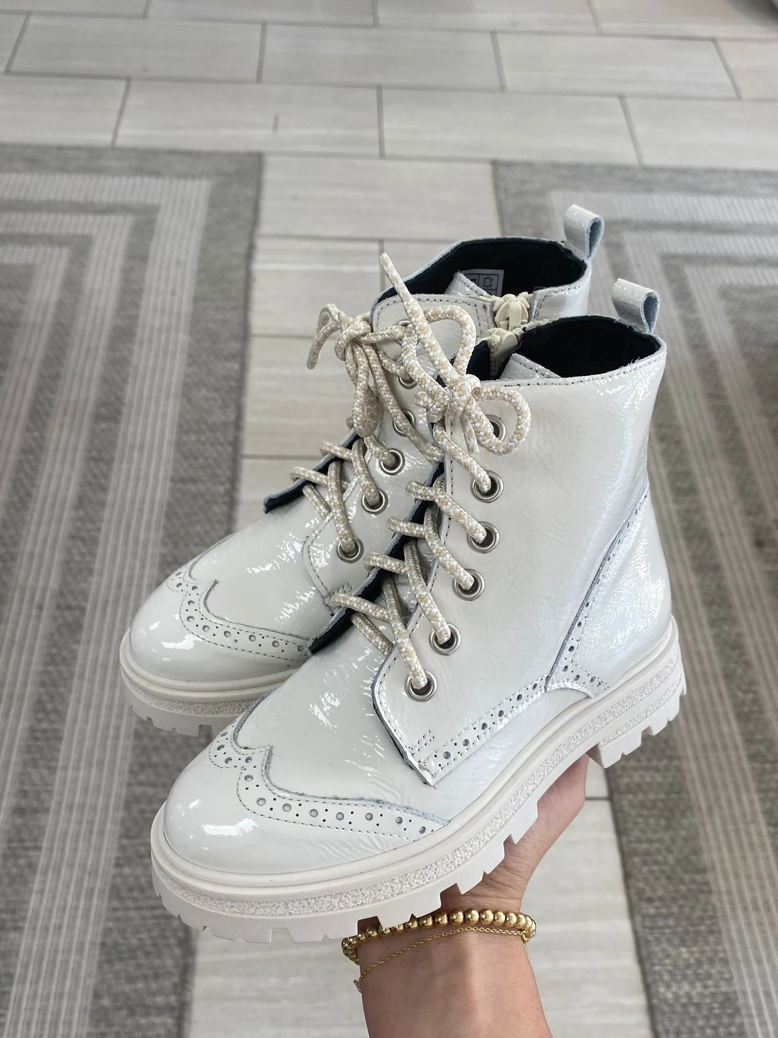 Blublonc Winter White Patent Wingtip Bootie