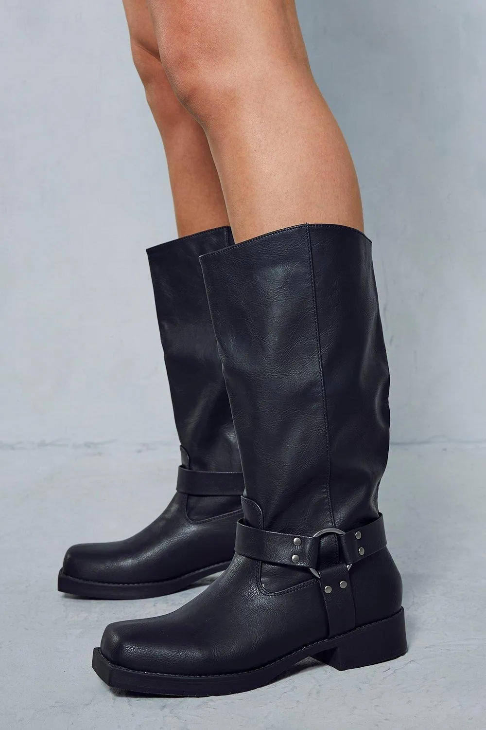 Boots | Leather Look Square Toe Buckle Knee High Boots | MissPap