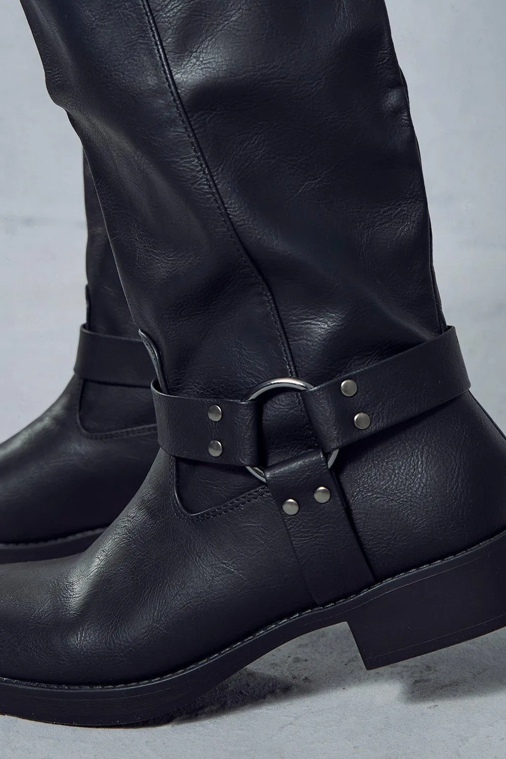 Boots | Leather Look Square Toe Buckle Knee High Boots | MissPap