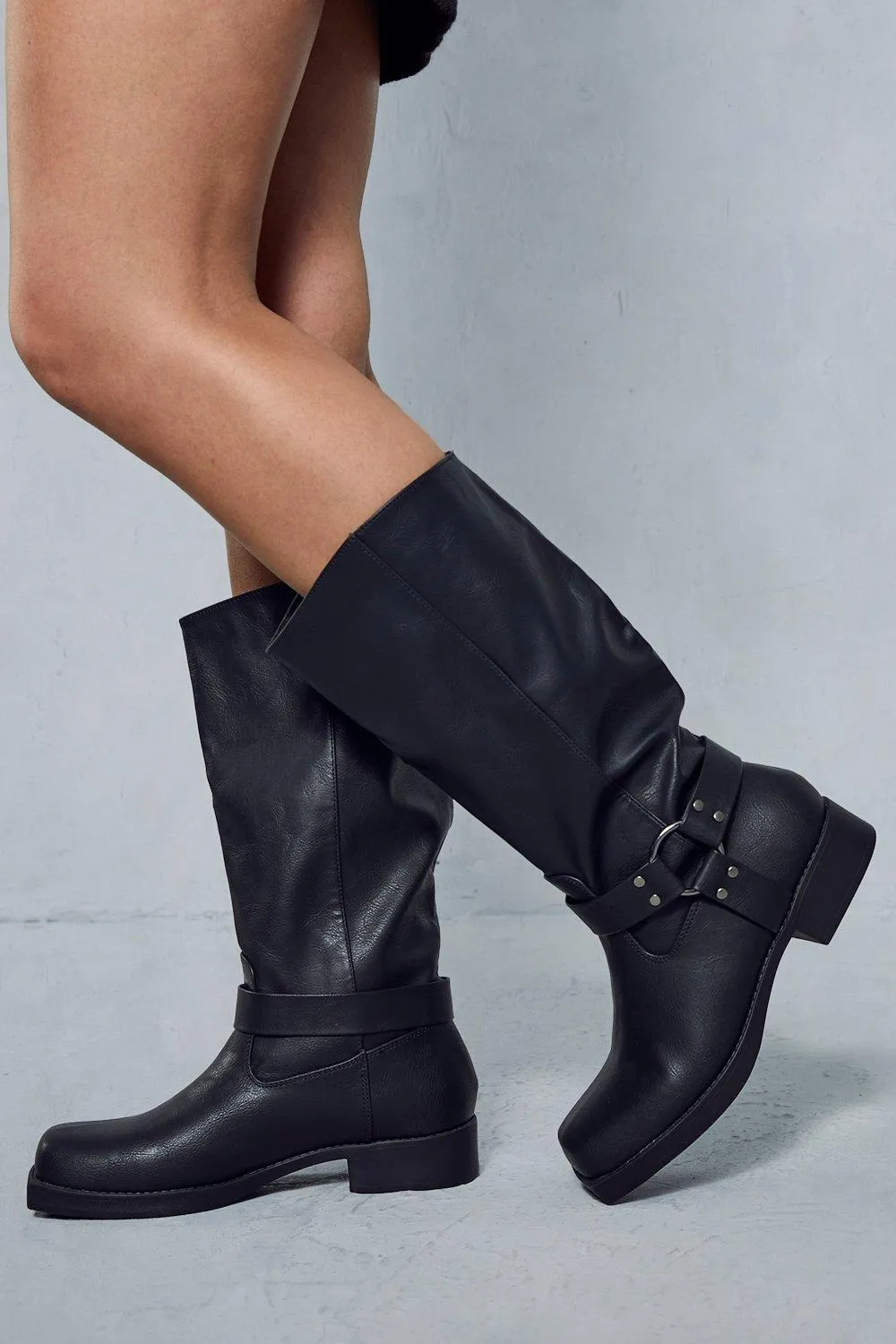 Boots | Leather Look Square Toe Buckle Knee High Boots | MissPap