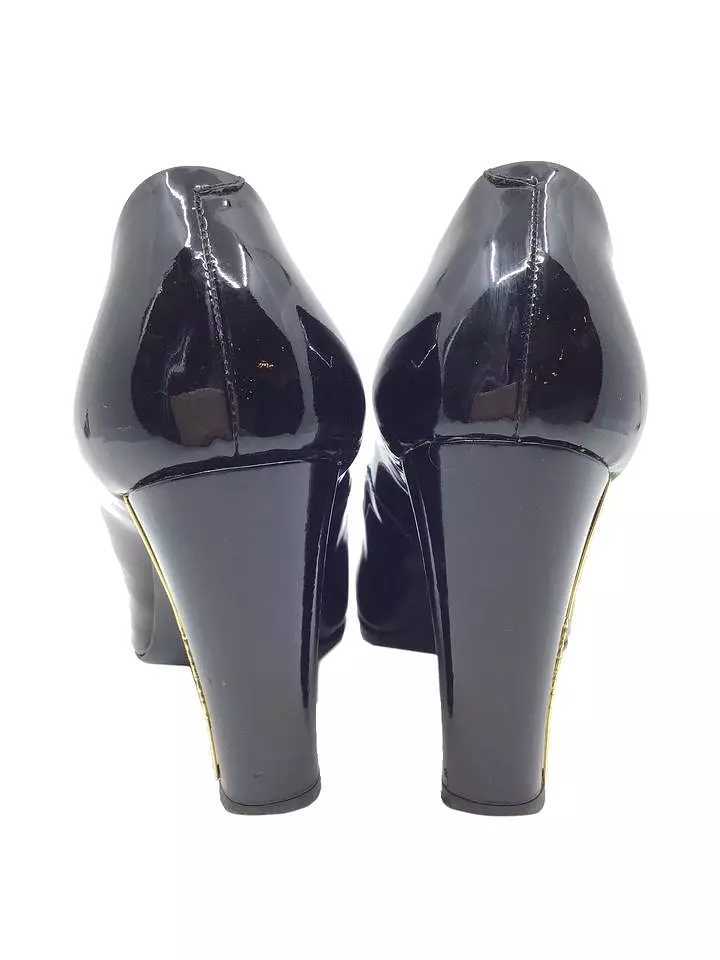 Chanel Patent Leather Metal Logo Heel Pumps Size 7.5