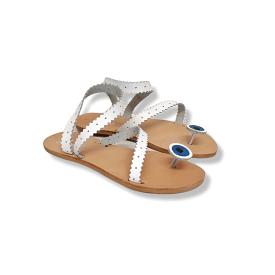 EVIL-EYE WHITE FLAT LEATHER SANDALS