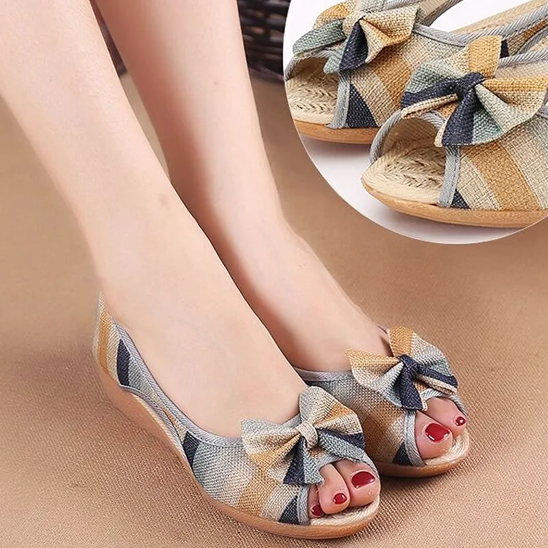 Flat Sandals Flax Summer Open Toe Fashion Canvas Wedges Non-Slip Sole Slip On