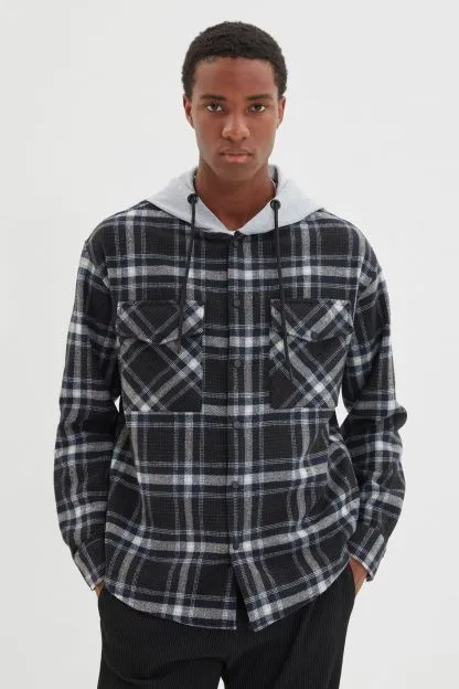 Hooded Plaid Double Pocket Flap Regular Winter Lumberjack Checked Jacket Shirt