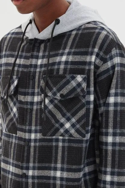 Hooded Plaid Double Pocket Flap Regular Winter Lumberjack Checked Jacket Shirt