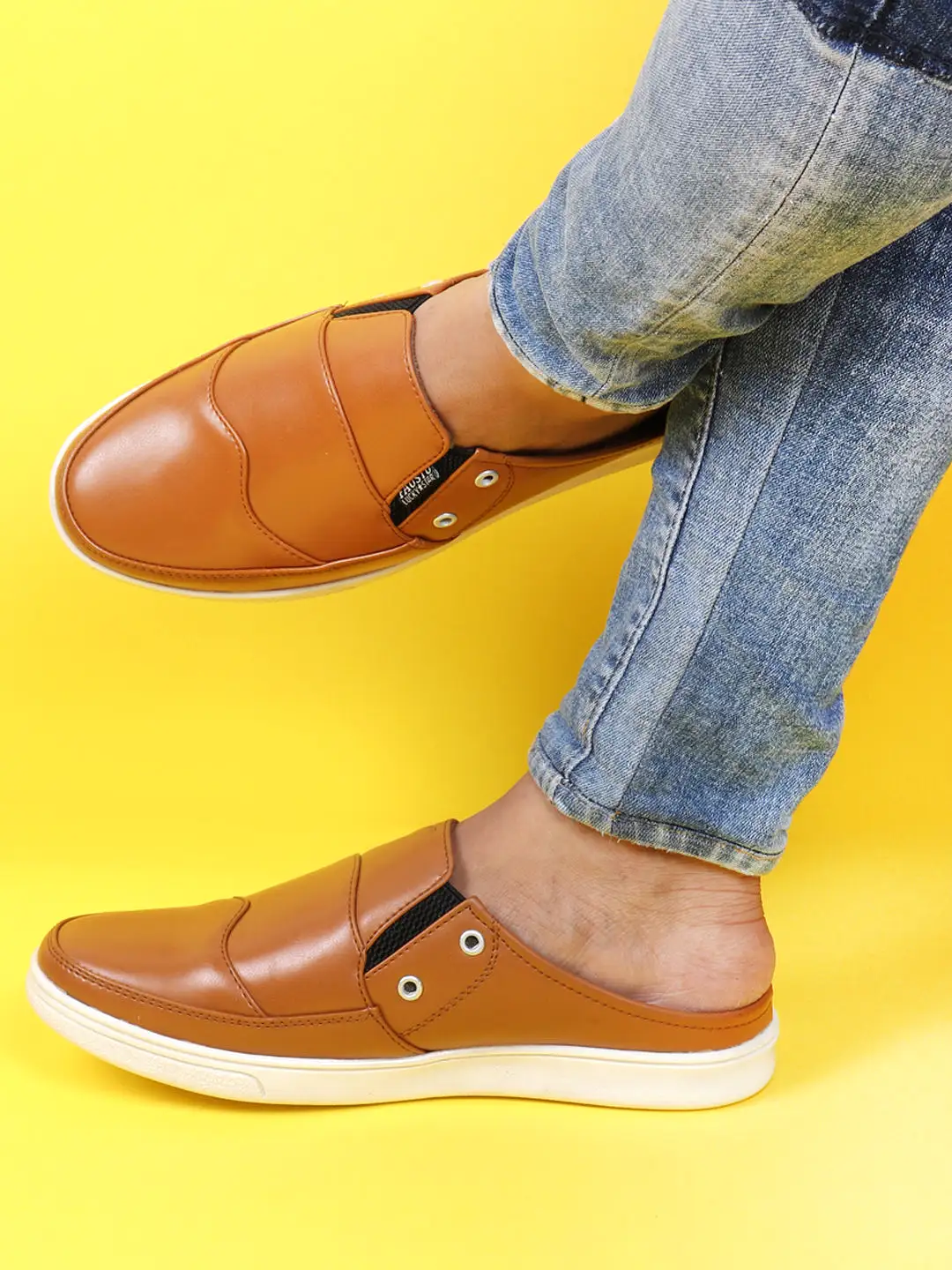 Men Beige Casual Back Open Classic Slip On Shoes