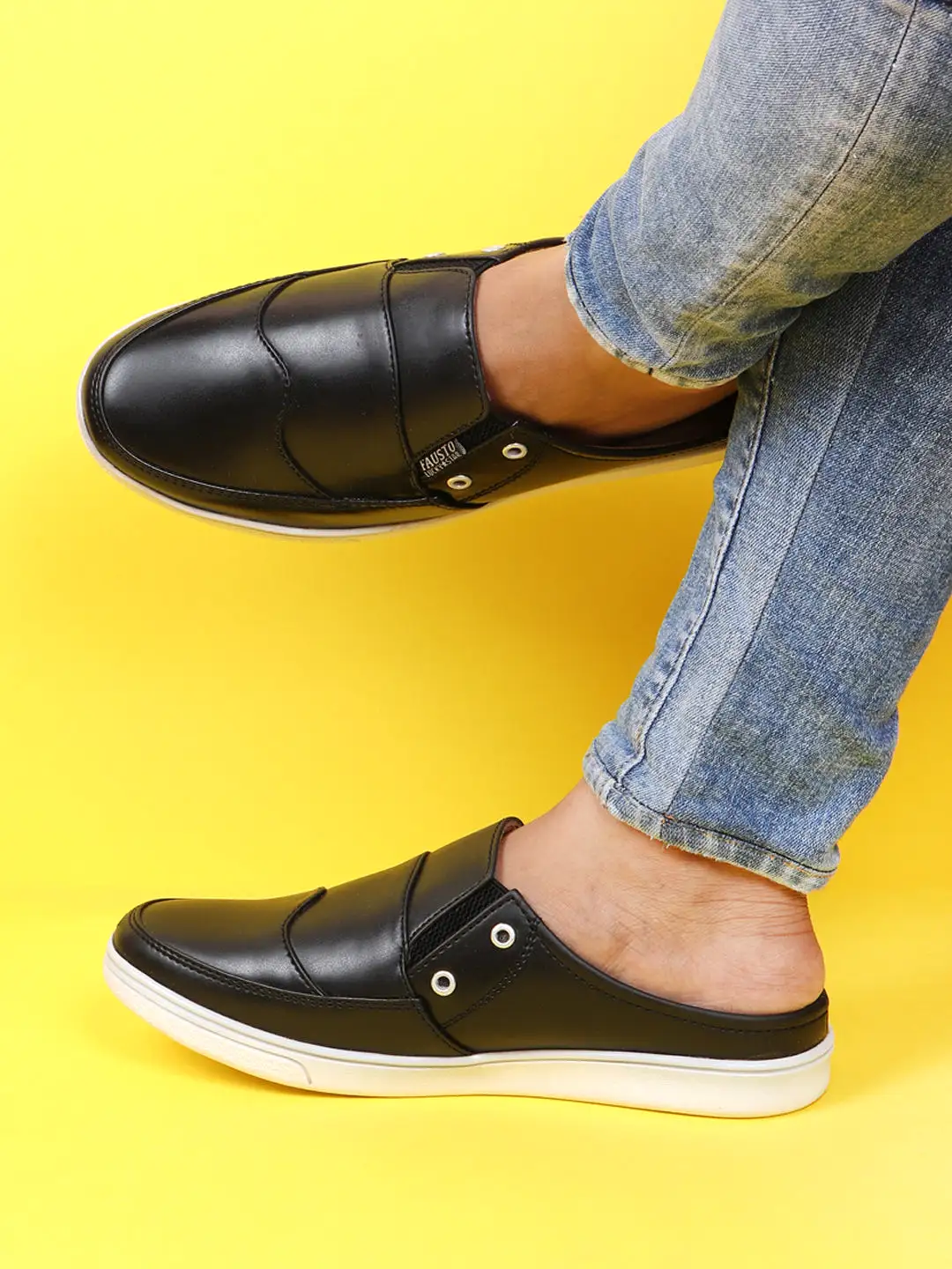 Men Black Casual Back Open Classic Slip On Shoes