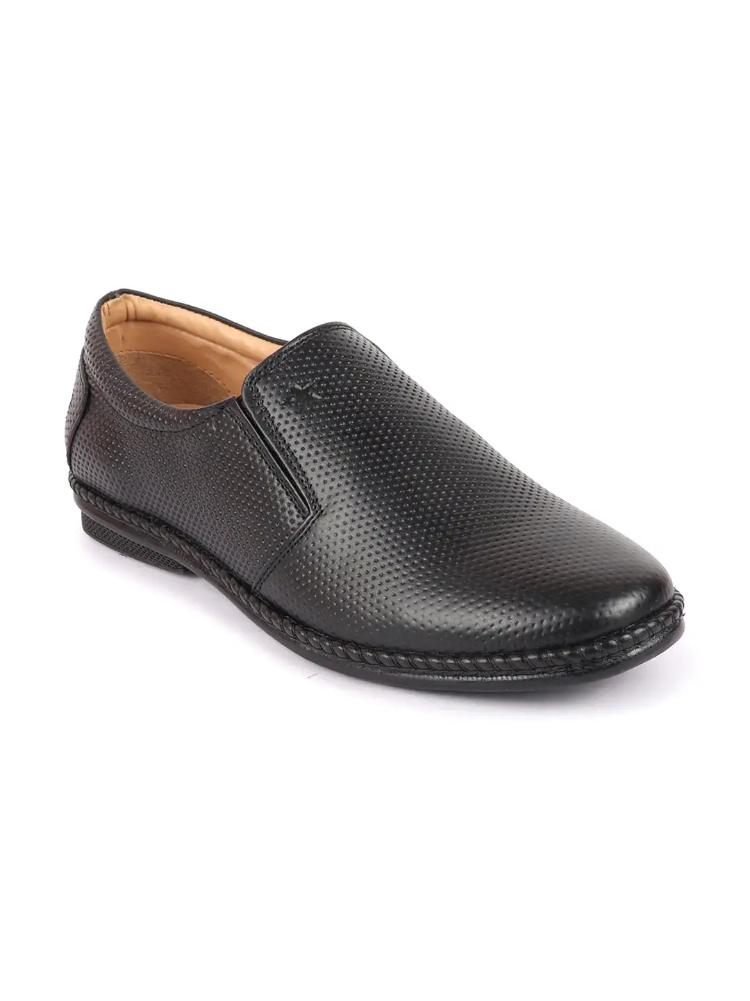 Men Black Textured Formal/Office Broad Toe Leather Slip On Shoes