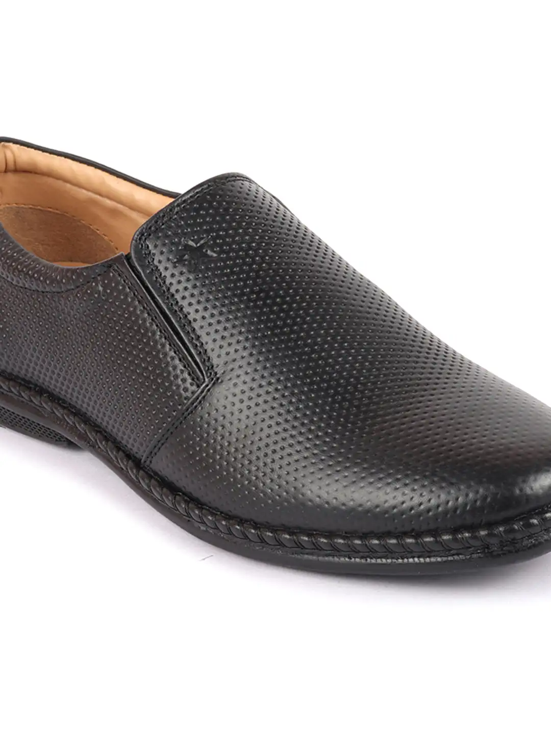 Men Black Textured Formal/Office Broad Toe Leather Slip On Shoes