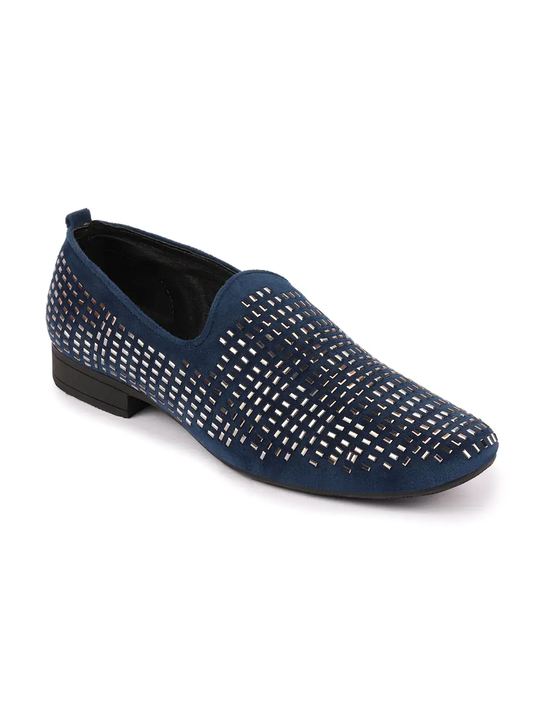 Men Blue Embellished Design Velvet Slip On Party Loafers Shoes