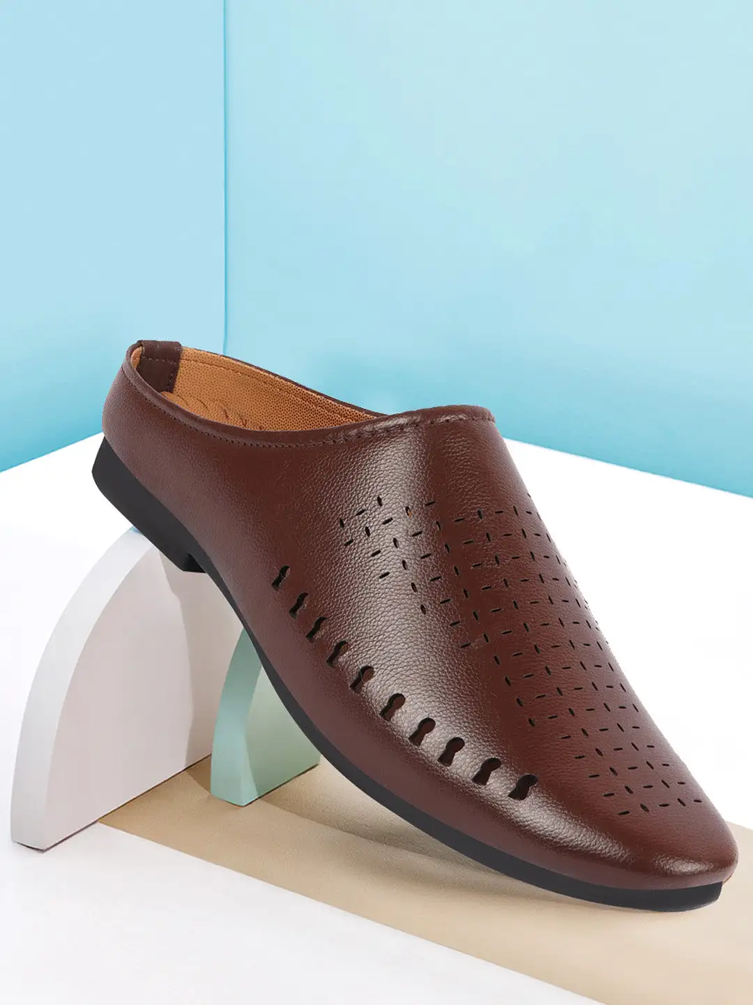 Men Brown Back Open Slip On Ethnic Mules Wedding Shoes