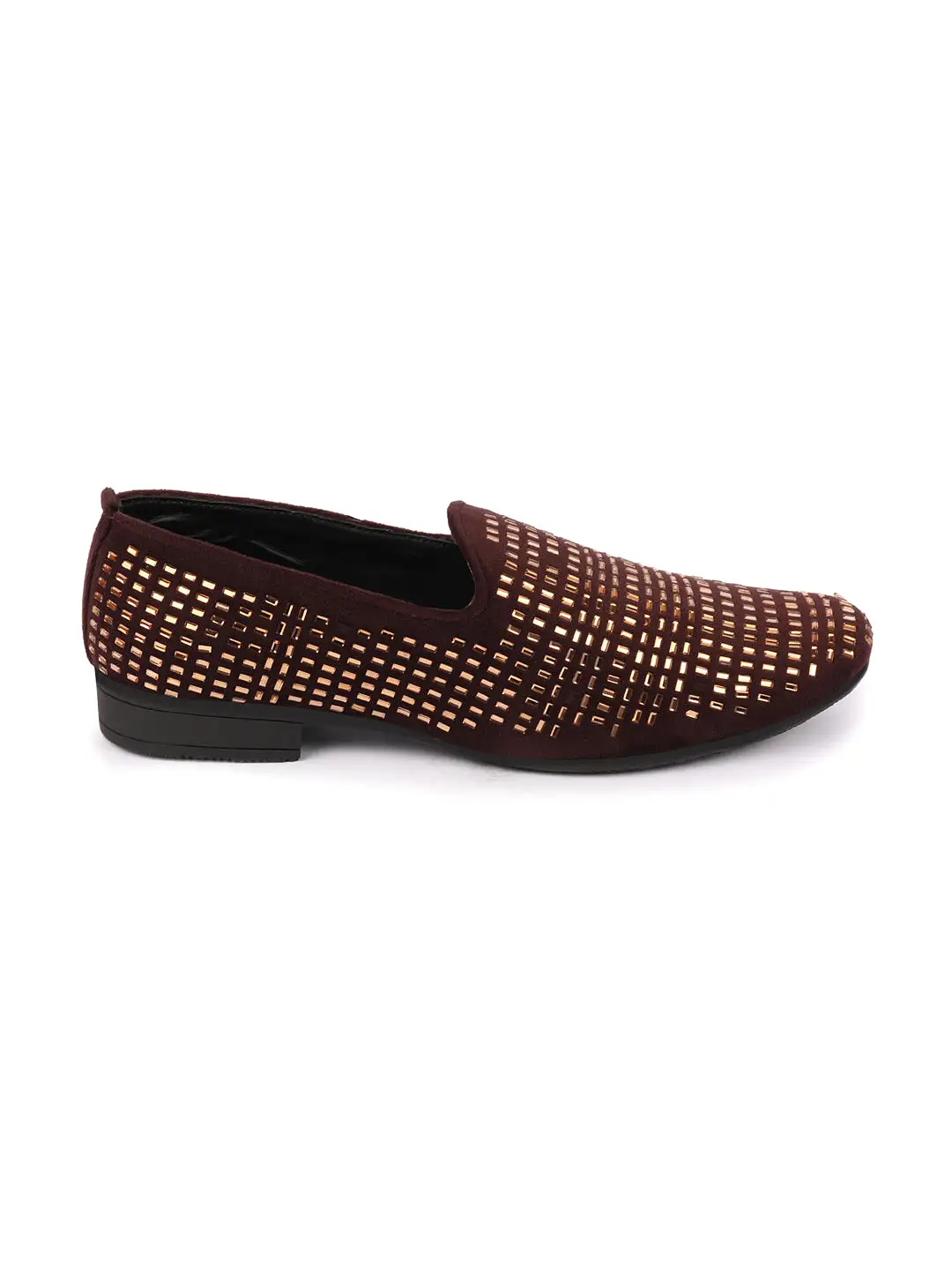 Men Brown Embellished Design Velvet Slip On Party Loafers Shoes