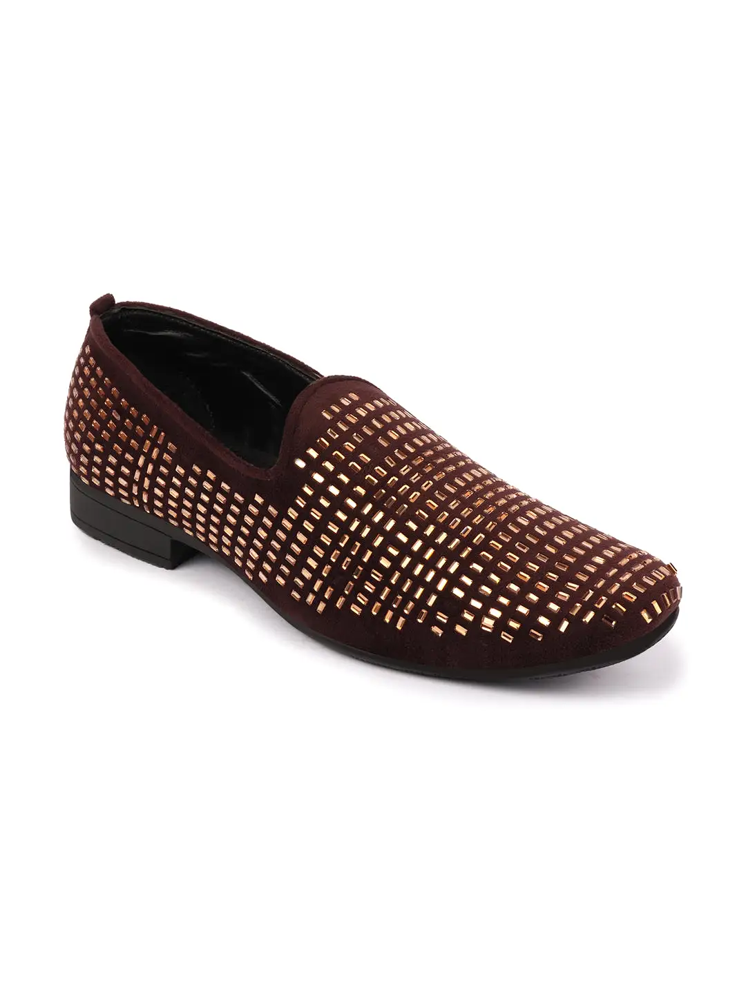 Men Brown Embellished Design Velvet Slip On Party Loafers Shoes