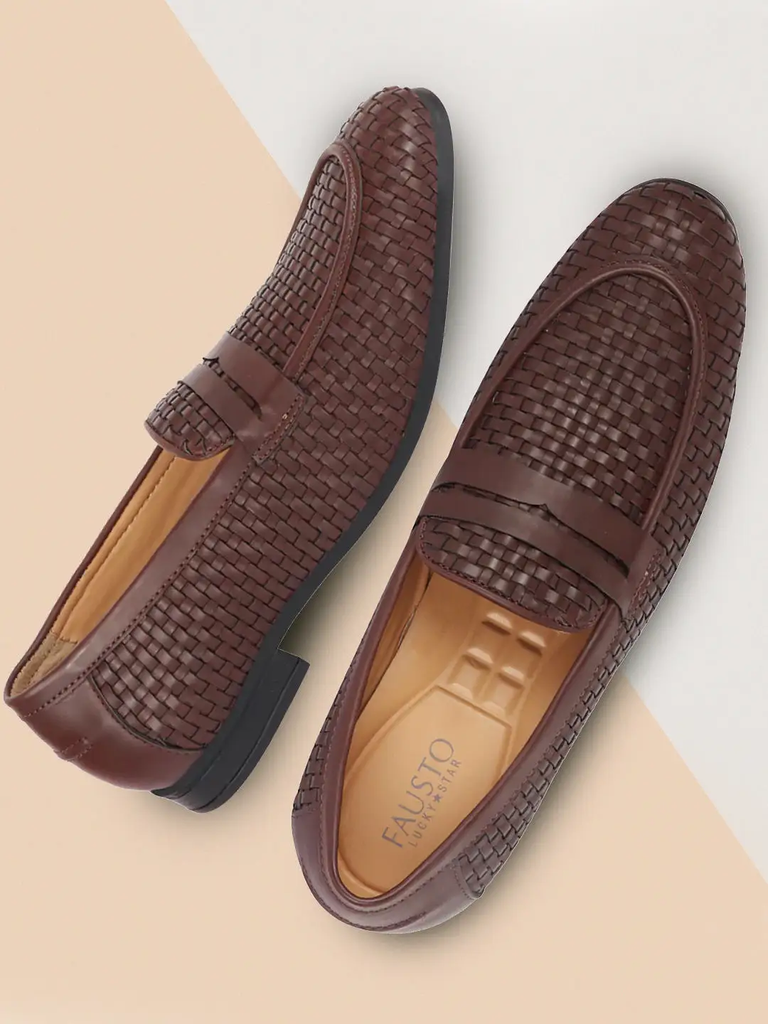 Men Brown Hand Knitted Design Penny Loafer Slip On Shoes