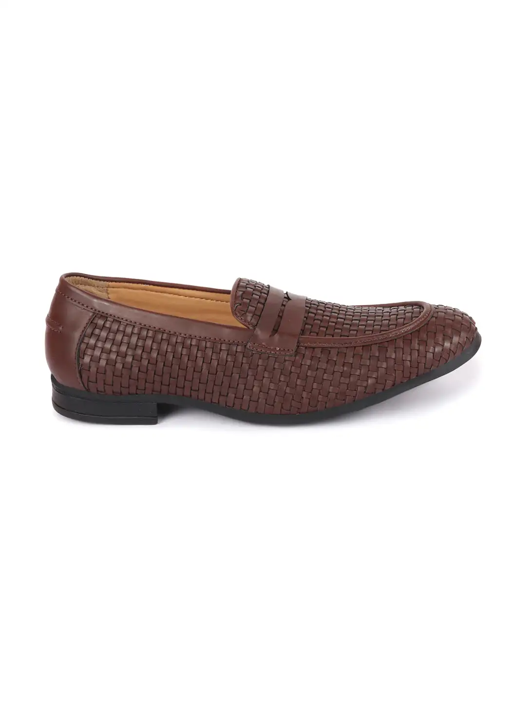 Men Brown Hand Knitted Design Penny Loafer Slip On Shoes