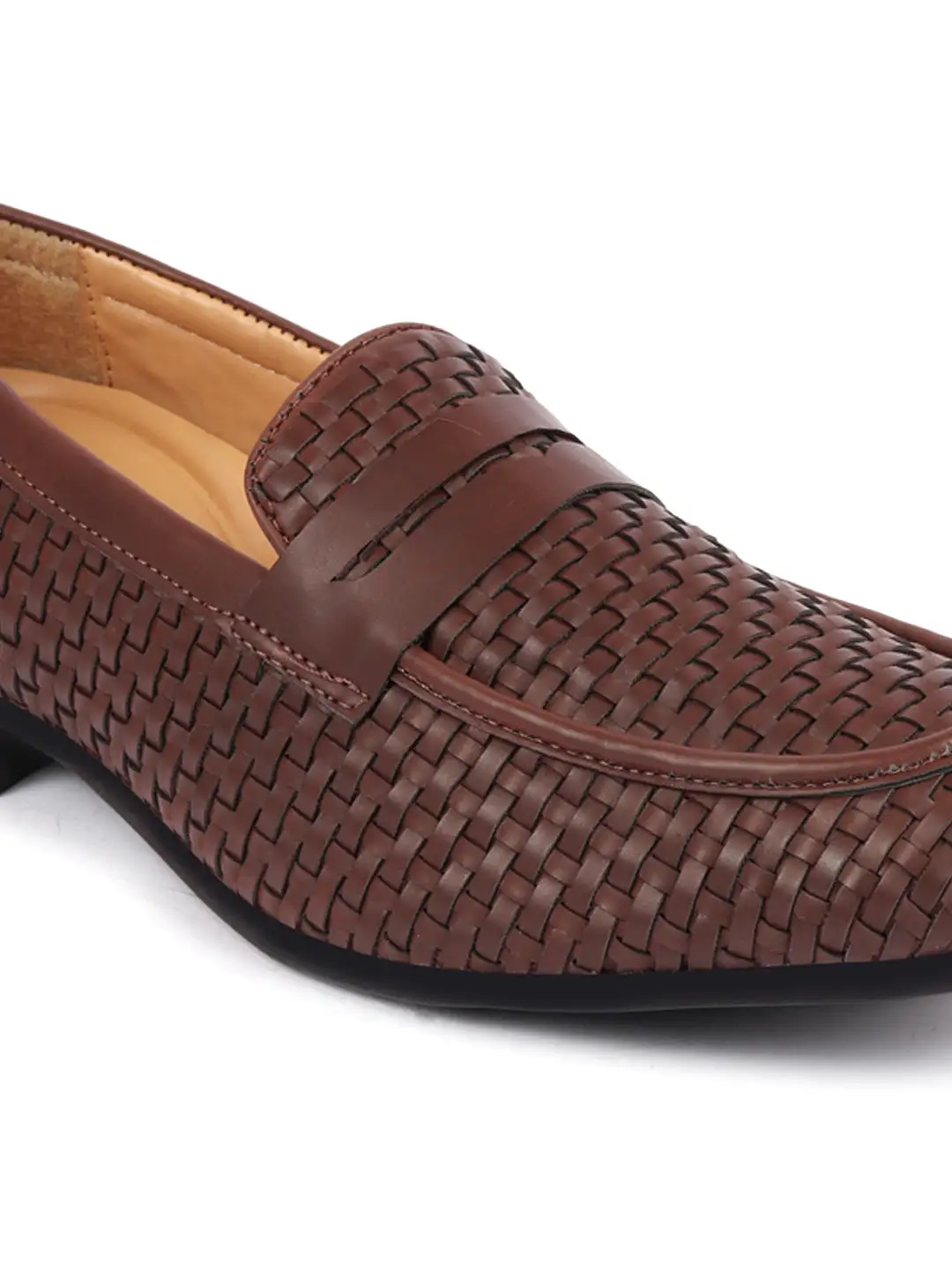 Men Brown Hand Knitted Design Penny Loafer Slip On Shoes