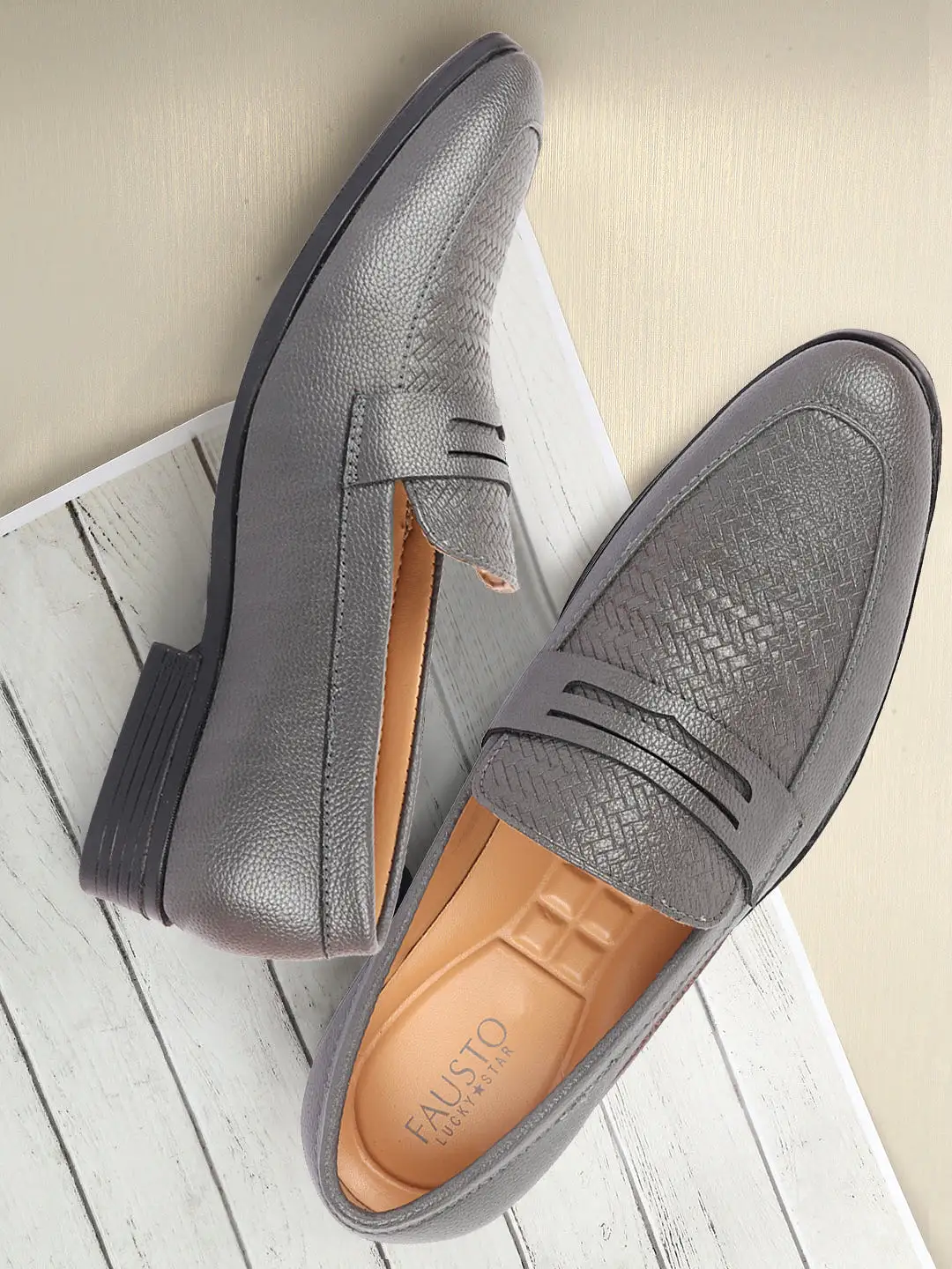 Men Grey Textured Print All Day Comfort Formal Party Penny Loafer Slip-On Shoes