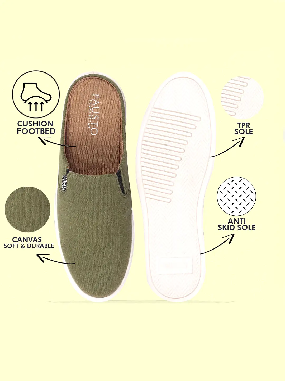 Men Olive Green Casual Back Open Canvas Stylish Slip On Shoes