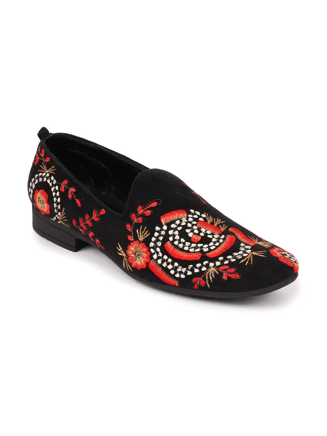 Men Red Embroidery Floral Print Velvet Party Slip On Loafers Shoes