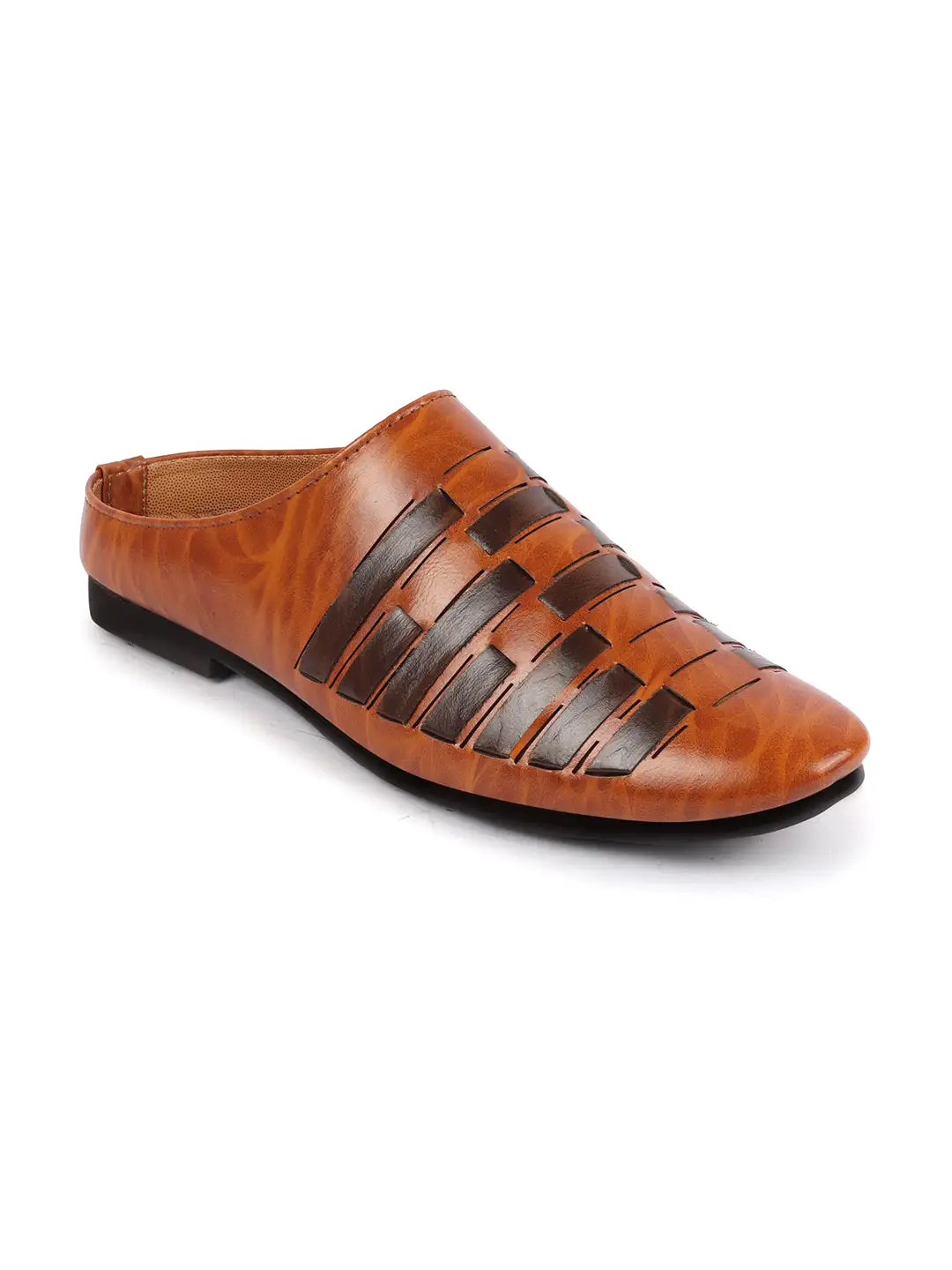 Men Tan Back Open Knitted Ethnic Mules Wedding Shoes