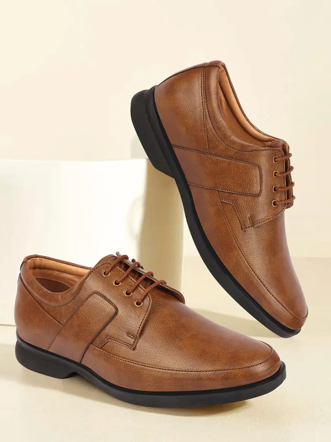 Men Tan Formal Side Strip Design Lace Up Shoes