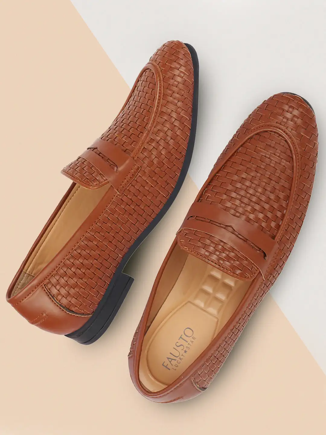 Men Tan Hand Knitted Design Penny Loafer Slip On Shoes