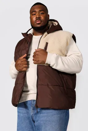 Plus Borg Panel Gilet With Hood | boohooMAN UK