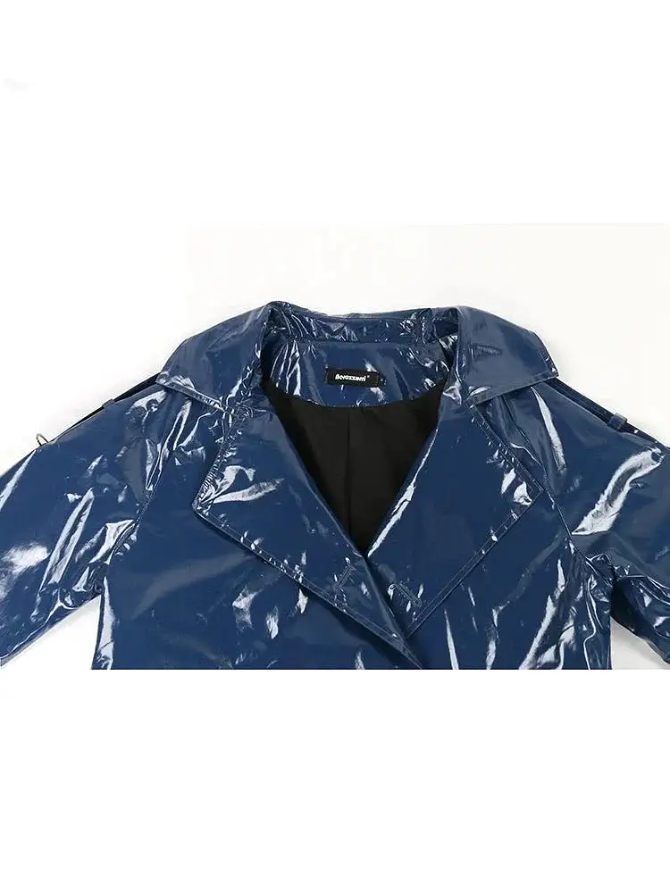 Spring Autumn Long Blue Soft Thin Shiny Reflective Patent Faux Leather Trench Coat for Women Sashes European Fashion