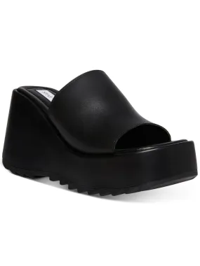 STEVE MADDEN Womens Black 1-1/2 Platform Treaded Pepe Round Toe Wedge Slip On Leather Heeled