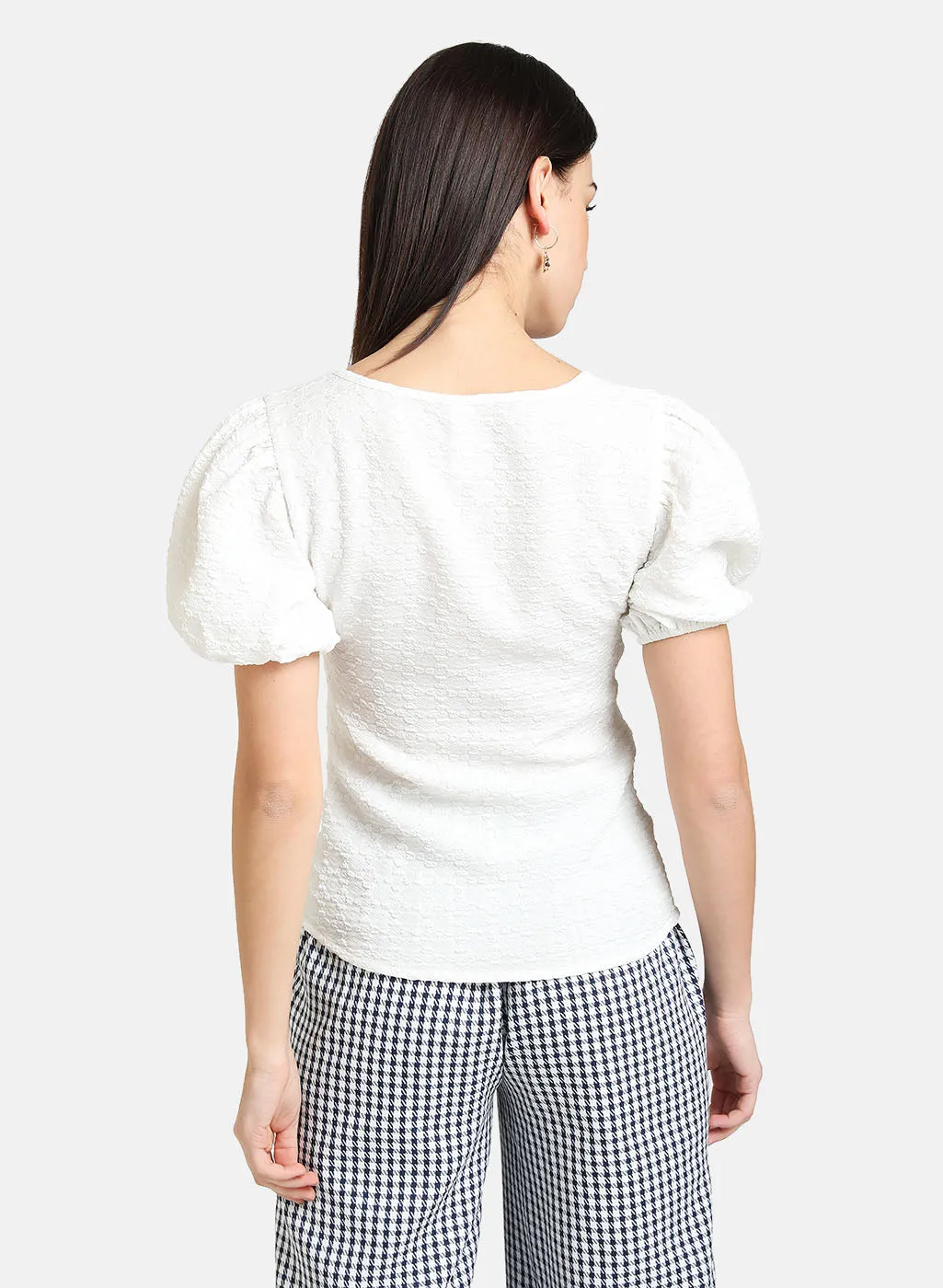 Textured Top With Schiffli Puff Sleeves