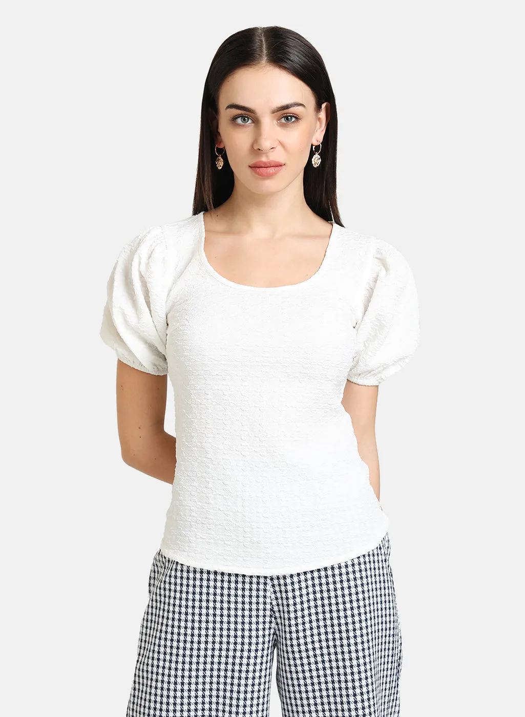 Textured Top With Schiffli Puff Sleeves