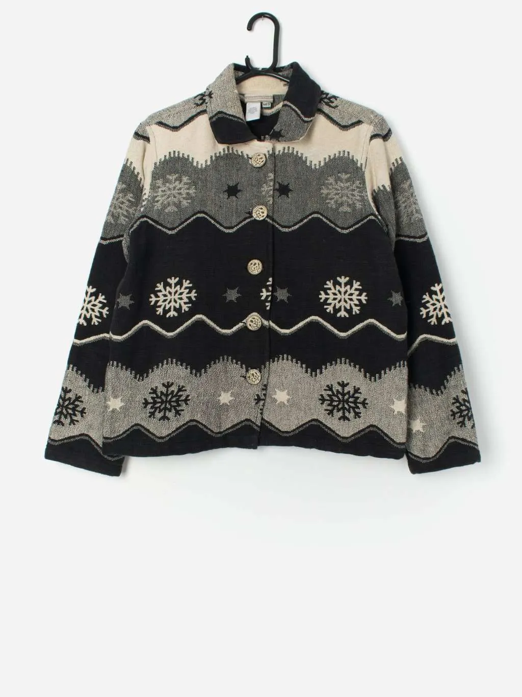 Vintage black and white tapestry jacket with snowflake design – Medium