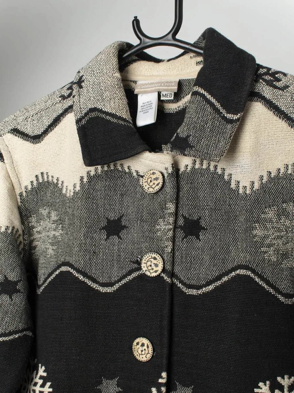 Vintage black and white tapestry jacket with snowflake design – Medium