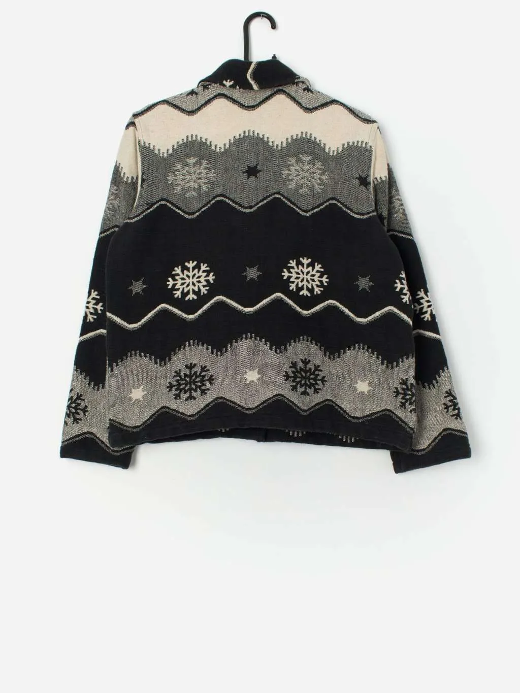 Vintage black and white tapestry jacket with snowflake design – Medium